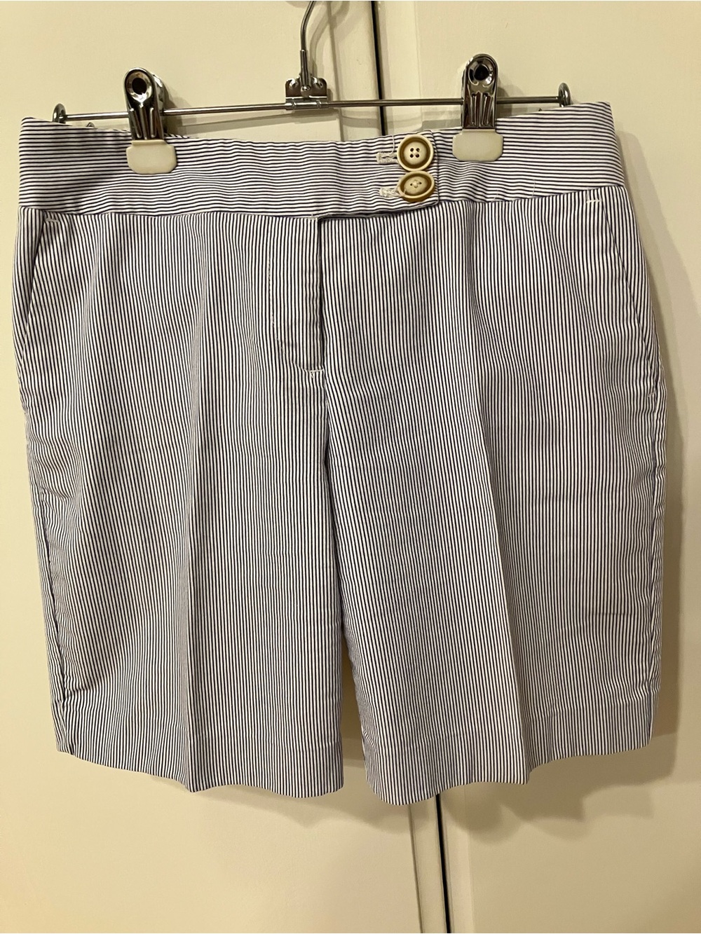attention Blue and White Pinstripe Bermuda Shorts